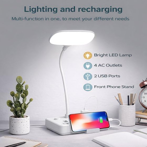 LED Desk Lamp with 4 AC Outlets, 2 USB Charging Ports, Gooseneck, Dimmable, 4ft Cord for Reading, Working, Studying
