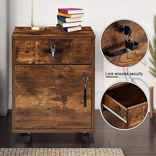 OFCASA File Cabinet with Lock, Small Rolling Filing Cabinets for Home Office, 1-Drawer Wood Under Desk File Cabinet with Wheels, Mobile Storage Organizer/Printer Stand for Letter/Legal, Rustic Brown