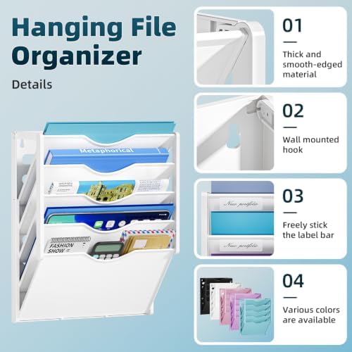 Marbrasse 5 Tier Wall File Organizer, Plastic Hanging File Holder for Mail, Magazines Paper Organizer Wall Mounted for Office Home (White)