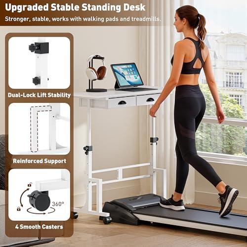 Height Adjustable Standing Desk with 2 Drawers, Small Sit Stand Up Desk with Wheels, Portable Rolling Desk for Walking Pad Treadmill, Computer Office, Adjustable 31.5"-43.3", White, Upgraded Stable