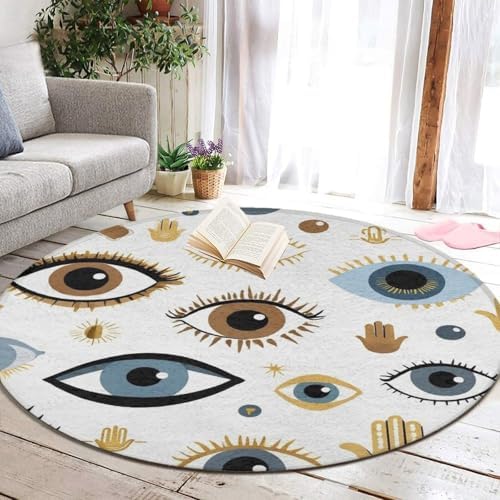 Large Machine Washable Circular Rugs, Home Decor Round Mat for Living Room Sofa Office Evil Eye