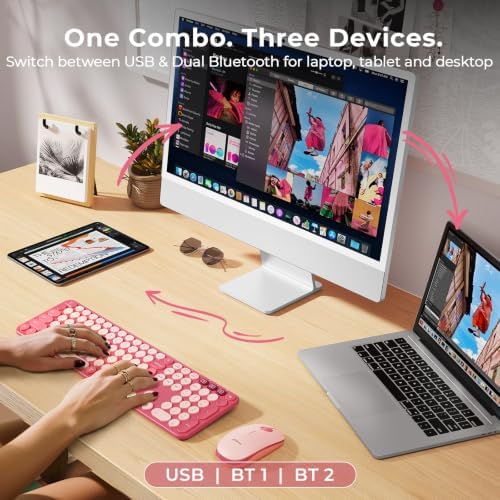 seenda COE202 Bluetooth Keyboard Mouse Combo, Retro Round Keys, Pink