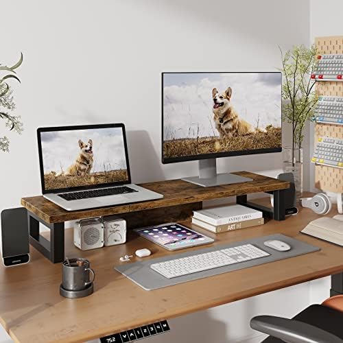 WESTREE Dual Monitor Stand Riser, Wood and Steel Monitor Stand Riser, Computer Monitor Stand for 2 Monitors, Multi-Purpose Desktop Storage Stand for Computer,Laptop,Printer,TV
