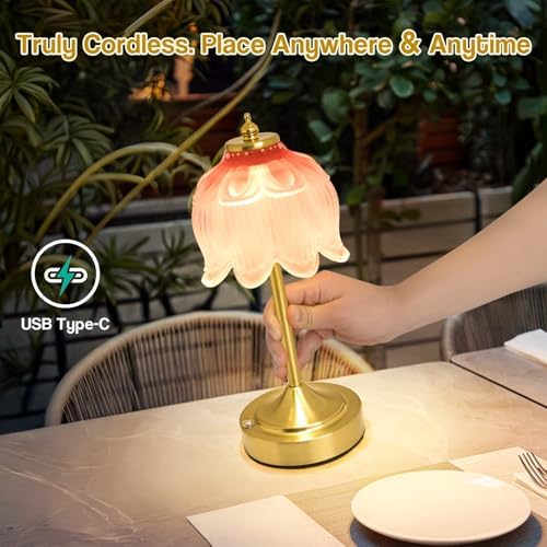 Cordless Table Lamp, Rechargeable Blush Pink Glass Lotus Flower Lamp