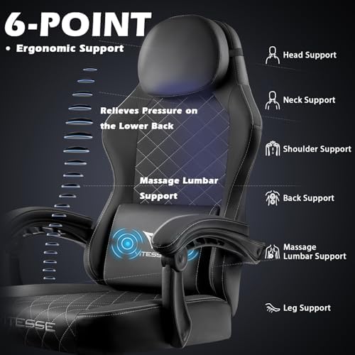PUKAMI Gaming Chair with Footrest,Ergonomic Gamer Chair for Adults, Racing Style Reclining Computer Game Chair with Headrest and Lumbar Support (Black)