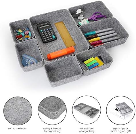 Welaxy 7pc Felt Desk Drawer Organizers Trays Gray Office Home Storage Bins