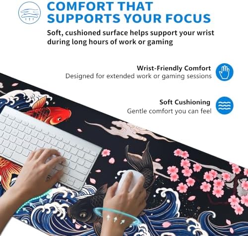 Extended Koi Fish Desk Mat, XL Large Gaming Mouse Pad, Japanese Great Wave Sakura Stitched Edges Waterproof with Non-Slip Rubber Base for Computer Keyboard Laptop Work Home Office 31.5"x11.8"