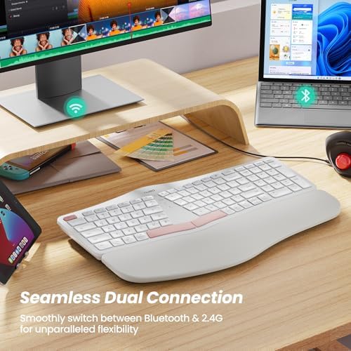 Nulea Wireless Ergonomic Keyboard, Split Keyboard with Cushioned Wrist Rest, USB and Bluetooth Connectivity, USB-C Rechargeable, Compatible with Windows Mac（Pink-White）