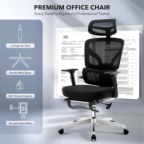 Ergonomic Mesh Office Chair with Footrest, 135° Reclining, Black