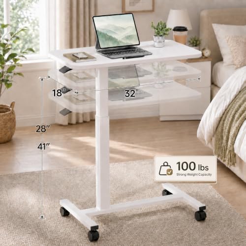 GTPLAYER Mobile Rolling Desk, Adjustable Height Laptop Table, 32 Inch White