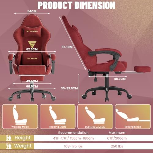 Ferghana Ergonomic Velvet Gaming Chair with Massage, Footrest & Reclining High Back, Racing Style Computer Desk Chair for Adults, Home Office Use, Red