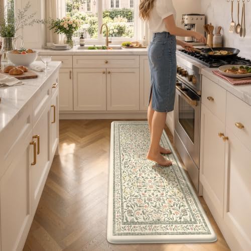 KIMODE Anti Fatigue Kitchen Mats for Floor, Boho Floral Kitchen Runner Rug 24"x59", Paded Kitchen Floor Mats, Waterproof Laundry Room Rug, Bath Mat for Sink Home Decor, Beige Office Standing Desk Mat