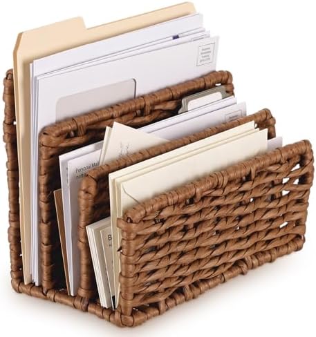 Paper Rattan Mail Organizer for Desk Mail Holder Countertop with 3 Slot Paper Rattan Letter Sorter File Holder Envelope Book Stand Farmhouse Office Desk Organizer and Storage Accessories