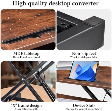 Standing Desk Converter 37 Inch – Height Adjustable Desk Riser with GasSpring Lift, Duals Screen Converter and Laptop Workstation, Sit Stand Ergonomic Riser with Wide Keyboard Tray for Offices (Brown)