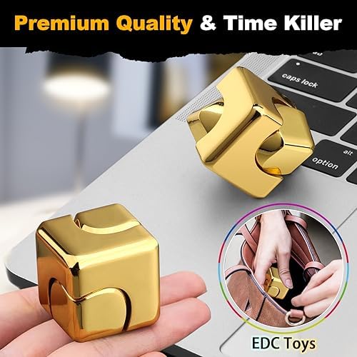 Dilabnba Metal Cube Fidget Spinner Toy for Kids Adults, Gold Cube Fidget Block Figner Spinner Focus 2 in 1 Spinning for Boys 3-12, Mini Gadget Easter Basket Stuff Desk Relaxing EDC Toy