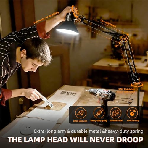 Black Desk Lamp with Clamp, Extra-Tall Adjustable Metal Swing Arm, 2 Pack