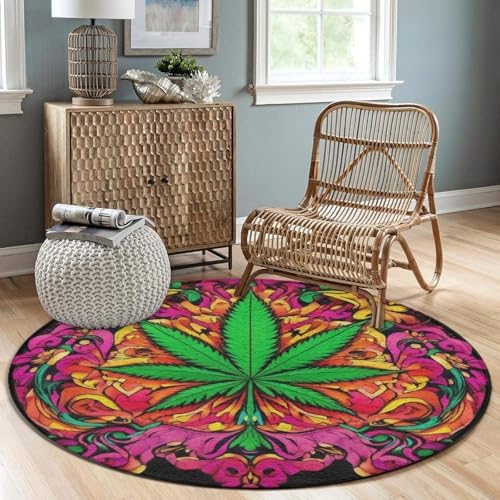 Room Sofa Yoga Soft Round Carpet, Home Decor Non Slip Kitchen Office Circle Rug, Machine Washable Modern Round Area Rug Trippy Green Weed Leaf Art, 24inch
