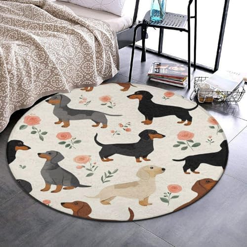 Large Machine Washable Circular Rugs, Home Decor Round Mat for Living Room Sofa Office Cute Dachshund Floral