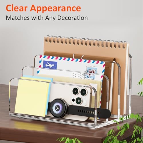FUCDTEFC Desk Mail Organizer, 3 Section Clear Acrylic File Holder Letter Organizer, Vertical Lightweight Modern Envelope Holder Desk Accessories & Workspace Organizers for Office, Home, School