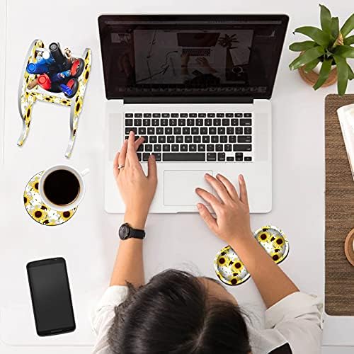 Cute Desk Accessories Set, Wooden Plastic Elephant Pen Pencil Holder Office Desk Decor Supplies Organizer, Multi-Function Phone Bracket Stand, Wrist Support Pad & Cup Coaster, Bright Sunflower