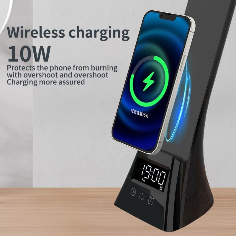 Eye-Care Desk lamp with Smartphone Charging Function, can be Used as a Cell Phone Holder, Touch Switch, with Electronic Clock and Alarm Clock, Three Soft Light, with USB Charging Cable