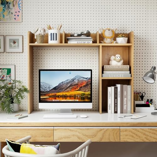 GIANTEX Desktop Bookshelf, Wood Desk Hutch Organizer for 27 Inch Computer Monitor, Countertop Storage Display Rack with 5 Shelves, Multipurpose Desktop Shelf Bookcase for Dorm Office Home, Natural