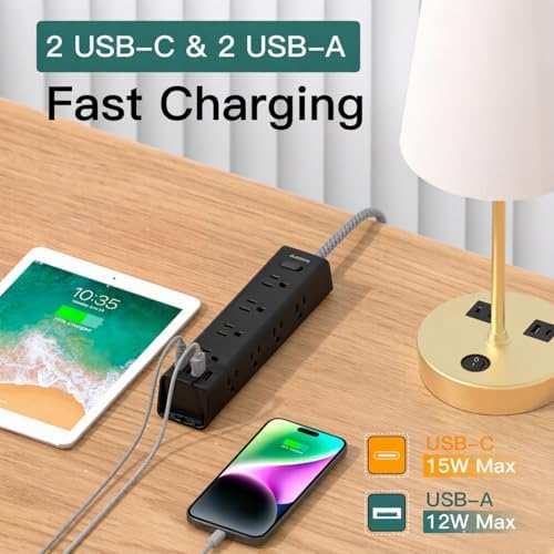 15FT Extension Cord, Power Strip Surge Protector with 12 AC Outlets & 4 USB
