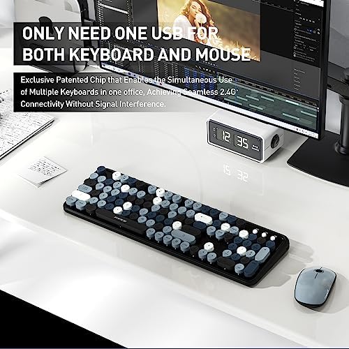 Retro Wireless Keyboard Mouse Combo,Round Keycaps,for PC Laptop,Black Grey