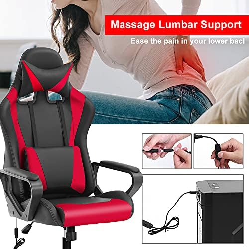 PC Gaming Chair Office Chair Racing Desk Chair with Lumbar Support Arms Headrest Massage High Back PU Leather Ergonomic Computer Chair Rolling Adjustable Swivel Chair for Women Men Adult, Red