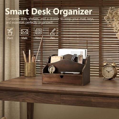 Rebee Vision Acacia Wood Mail Organizer for Desk Room Decor, Dark Brown