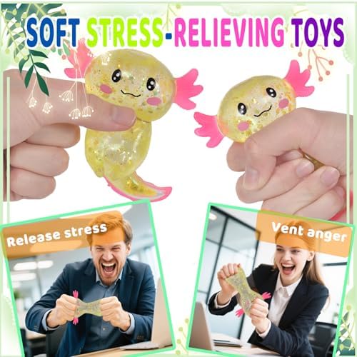 Axolotl Squishy Stress Relief Toy Glitter Fidget Toys Cute Malt Sugar Axolotl Toy Fidget Toys Adults Fidget Toy for Kids Youth Adult, Party Favors Anxiety Relief Squishy Toys(Yellow)