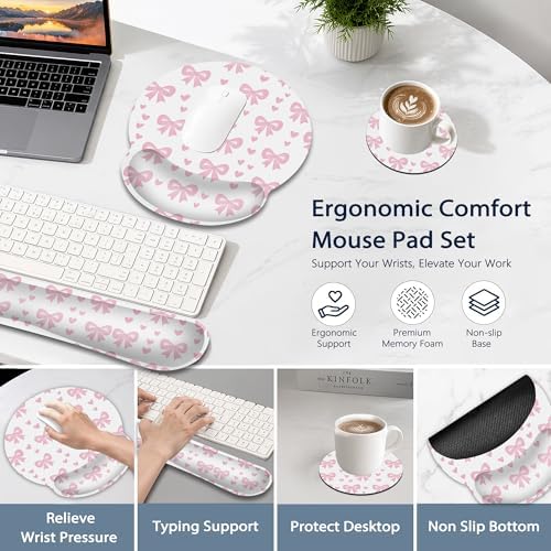 Cute Bow Wrist Rest Mouse Pad and Keyboard Support Set,Pink Heart 3 in 1 Ergonomic Memory Foam Mousepad with Non Slip Base, Gaming Mouse Pad for Office and Home