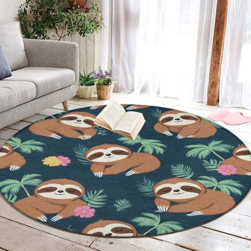 Large Home Decor Mat, Soft Round Yoga Carpet, Non Slip Machine Washable Kitchen Office Circle Rug Cute Sloths