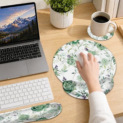 Wrist Rest Support for Mouse Pad Keyboard Set, Succulent Plants Mouse Pad with Non Slip Rubber Base for Home and Office Typing Support