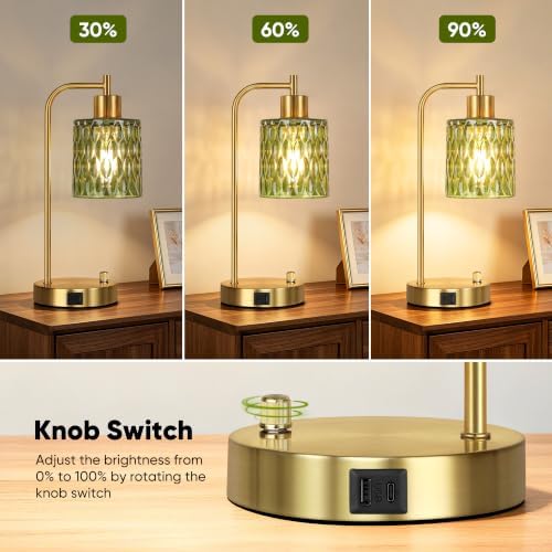 Table Lamps Set of 2, Green Glass Dimmable Bedside Lamps for Living Room