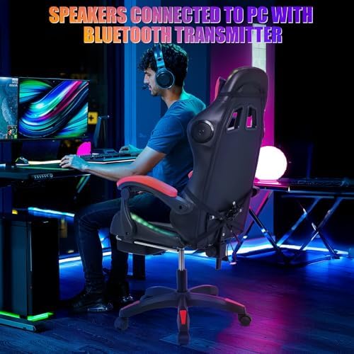 Gaming Chair with Bluetooth Speakers & Lights,Ergonomic High-Back Office Chair with Headrest & 135° Recline, 360° Swivel Height Adjustable Faux Leather Computer Chair for Gaming, Office & Study