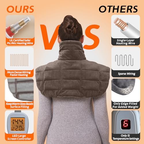 Ruqiji 19" x 24" Weighted Neck&Shoulder Heating Pad, 2.5lbs with 12 Temperature Settings&Countdown Timer,Pain Relief for Neck/Shoulders/Menstrual Pain(Light Tan)