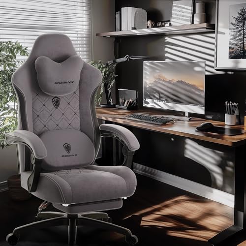 Dowinx Gaming Chair with Heated Massage Lumbar Support,Big and Tall Fabric Gaming Chairs for Adults with Footrest, Ergonomic Computer Game Chair with Poket Spring Cushions, 350lbs, Gray