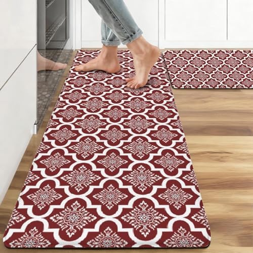 Christmas Floral Anti Fatigue Kitchen Mats, 17.3"x47"+17.3"x29"