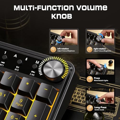 Redragon RM104 Wireless Gaming Keyboard with Knob, Tri-Mode BT/2.4G/USB-C RGB Computer Keyboards, 4000mAh Battery, Programmable Software Support, Anti-Ghosting, Compatible with PC Mac