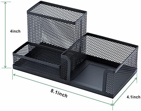 Black Mesh Pen Holder - Multipurpose Mesh Desk Organizers Large Capacity Office Supplies with Sticky Notes Holder and 3 Compartments 4 Non-slip Mats Easy Storage Suitable for School, Home