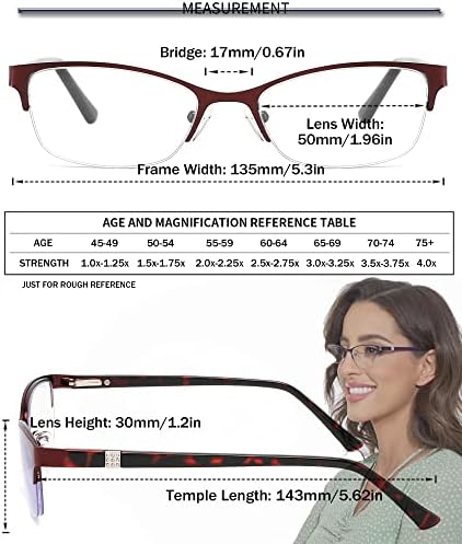 3 Pack Reading Glasses for Women Blue Light Metal Half Frame 2.50