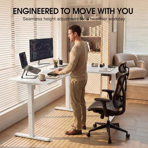 Furmax 63 x 47 Inch L Shaped Standing Desk with 2 Preset Heights, Electric Height Adjustable Computer Desk, Corner Sit Stand Desk for Home Office, 2 Hooks & Feet Balance (White, 63 x 47 Inch)
