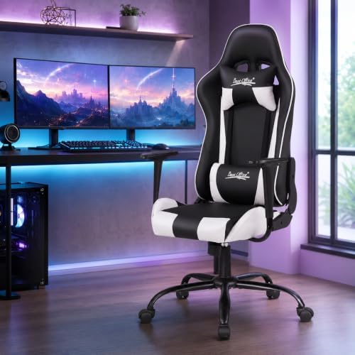 BestOffice Gaming Chair Desk Chair Ergonomic High Computer Chair with Adjustable Lumbar Support, Armrests, and Racing-Inspired Design for Office and Home Use (White)