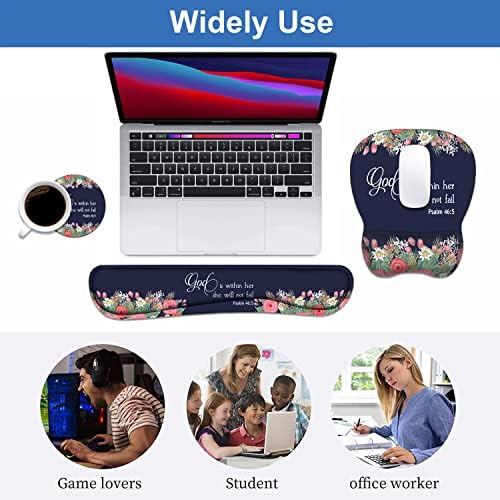 Ergonomic Mouse Pad Wrist Support and Keyboard Wrist Rest Set with Coasters, Non-Slip PU Base, Easy Typing & Pain Relief, Perfect for Home Office Working Studying, Floral Quote Bible Verse Psalm 46:5