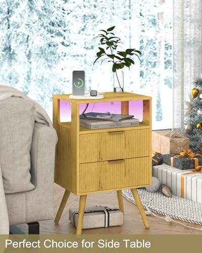 JOONEE Nightstand with Charging Station and LED Lights,Modern Bedside Table with 2 Storage Drawer and Open Wood Shelf, for Bedroom and Small Spaces,Night Stand with Solid Wood Legs (Yellow Oak)