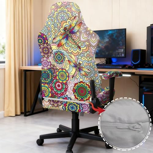 Dragonfly Print Stretch Gaming Chair Cover with Armrest Covers Boho Mandala Flower Print Washable Breathable Gamer Chair Slipcover