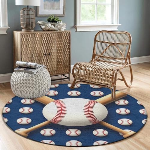 Men's Large Home Decor Mat, Soft Round Yoga Carpet, Non Slip Machine Washable Home Office Circle Rug Baseball