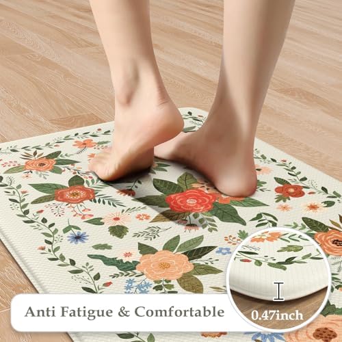KIMODE Kitchen Mats for Floor Anti Fatigue, White Floral Rugs for Decor