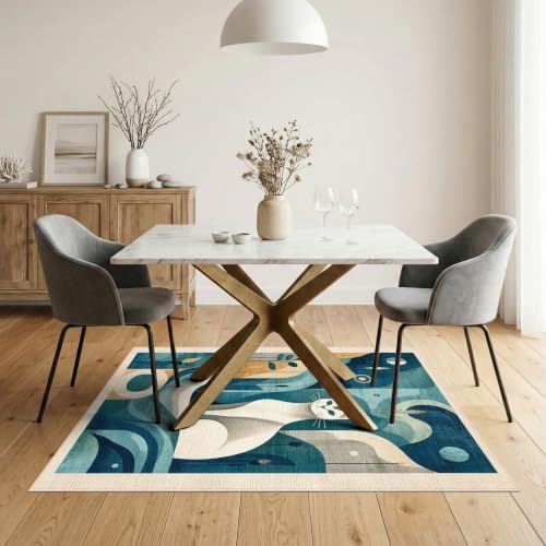 5'x7' Teal Blue Cat Boho Abstract Design Washable Area Rug